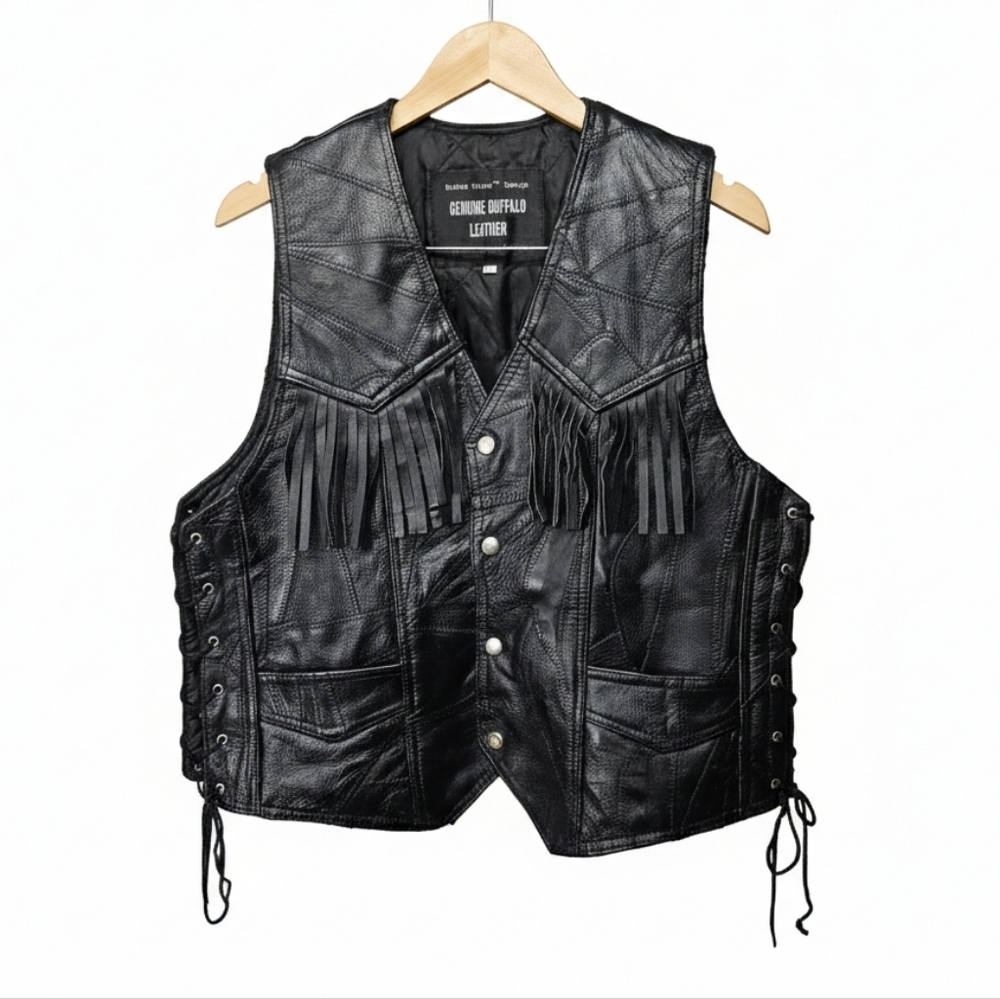 Navarre Leather Company Italian Stone Design Vintage Black Leather Fringe Vest